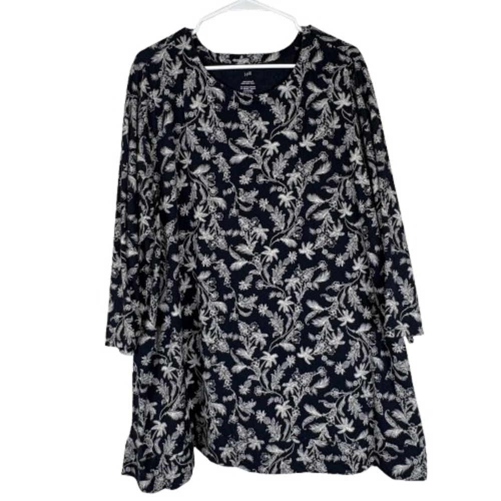 J. Jill Luxe Supima Crew Neck Tunic Navy Blue Floral Paisley 3/4 Sleeve Size 3X